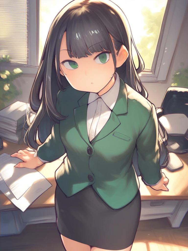 score_9, score_8_up, score_7_up, score_6_up, score_5_up, score_4_up,
1girl, (black long hair), bangs, eyebrows visible through hair, green eyes, suit, skirt, office, desk, <lora:hobbyanon_aaaa_quad-a_v1_PonyDiffusionV6XL:1.3>,
cowboy shot, looking at viewer, solo,
source_anime