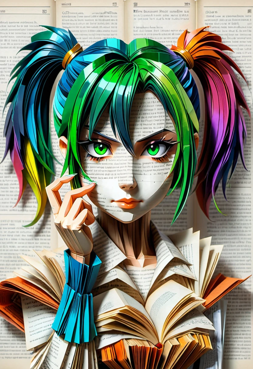 (((masterpiece))) , (((best quality))) , anime style, 2d, well-built charming 1girl, solo, lovely 1girl, Bookpaper, portrait of  Excel Excel with a book-like appearance, vibrant paint. she’ s resting her hand on her chin, made out of pages of newspaper, creating a striking and eye-catching scene., she has Shaved sides hair, key visual, 