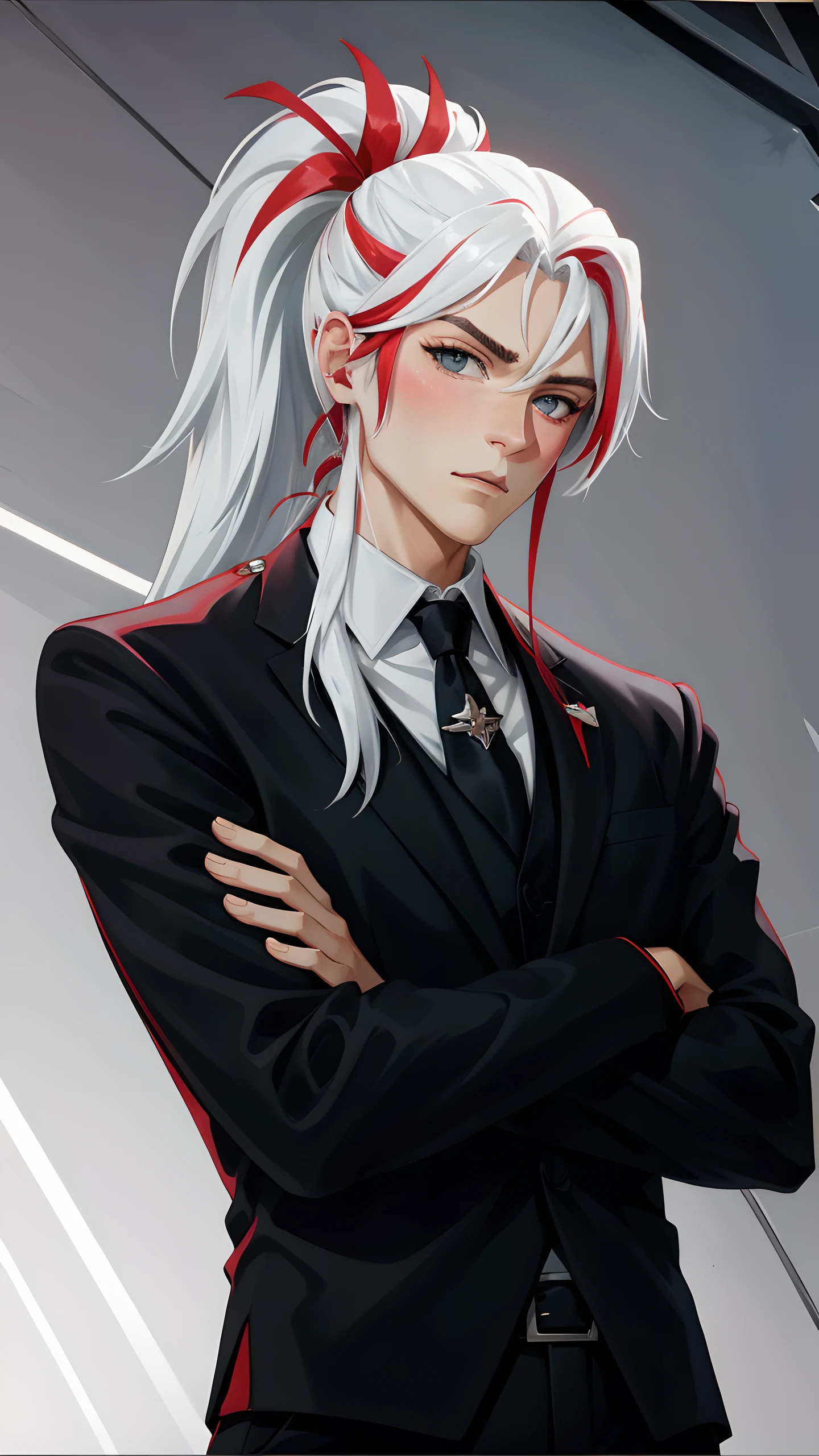 yone, solo, long hair, looking at viewer, shirt, 1boy, closed mouth, jacket, white shirt, ponytail, white hair, male focus, red hair, multicolored hair, necktie, collared shirt, grey background, black jacket, gradient, grey eyes, formal, suit, black necktie, <lora:Heartsleet_Yone:0.7>, (best quality), (masterpiece), upper body, blush, embrassment, sitting, crossed arms