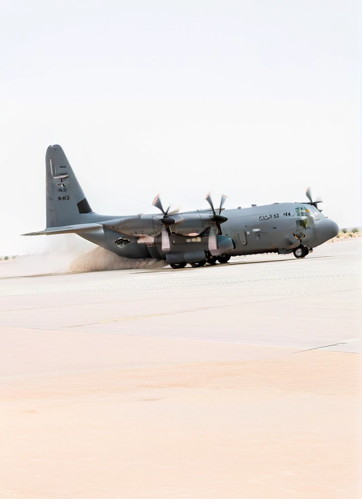 Picture of USAF AIR_C130 landing on desert airfield,  <lora:AIR_C130:1>