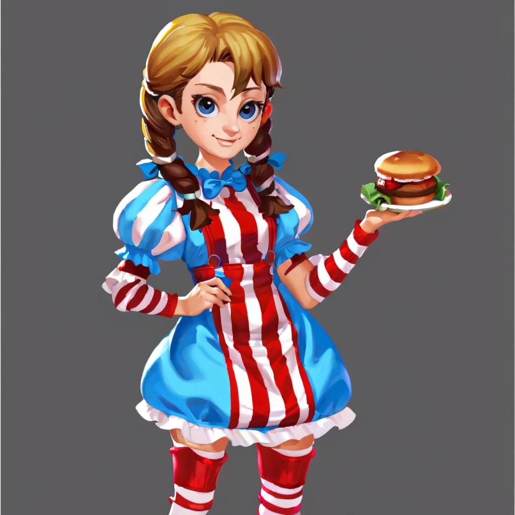 cowboy shot, solo, 1girl, ffwendys, smirk, looking at viewer, holding food, holding hamburger, twin braids, striped dress, striped sleeves, puffy sleeves, striped thighhighs, masterpiece, best quality, rating: general, newest <lora:fastfood_wendys_xl-000004:0.8><lora:FakeMobileGame:0.9>