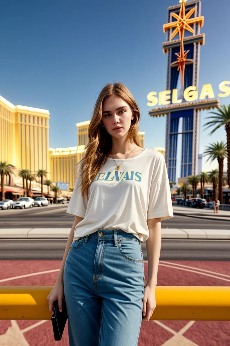 <lora:kawaii7.1.3_obj20:0.75:0.25>, European woman, closeup, sandals, (shirt), pants, (las vegas strip), ZM_pamela, wide shoulders, perfect face, (contact iris: 1.1), pale skin, skin pores , depth of field