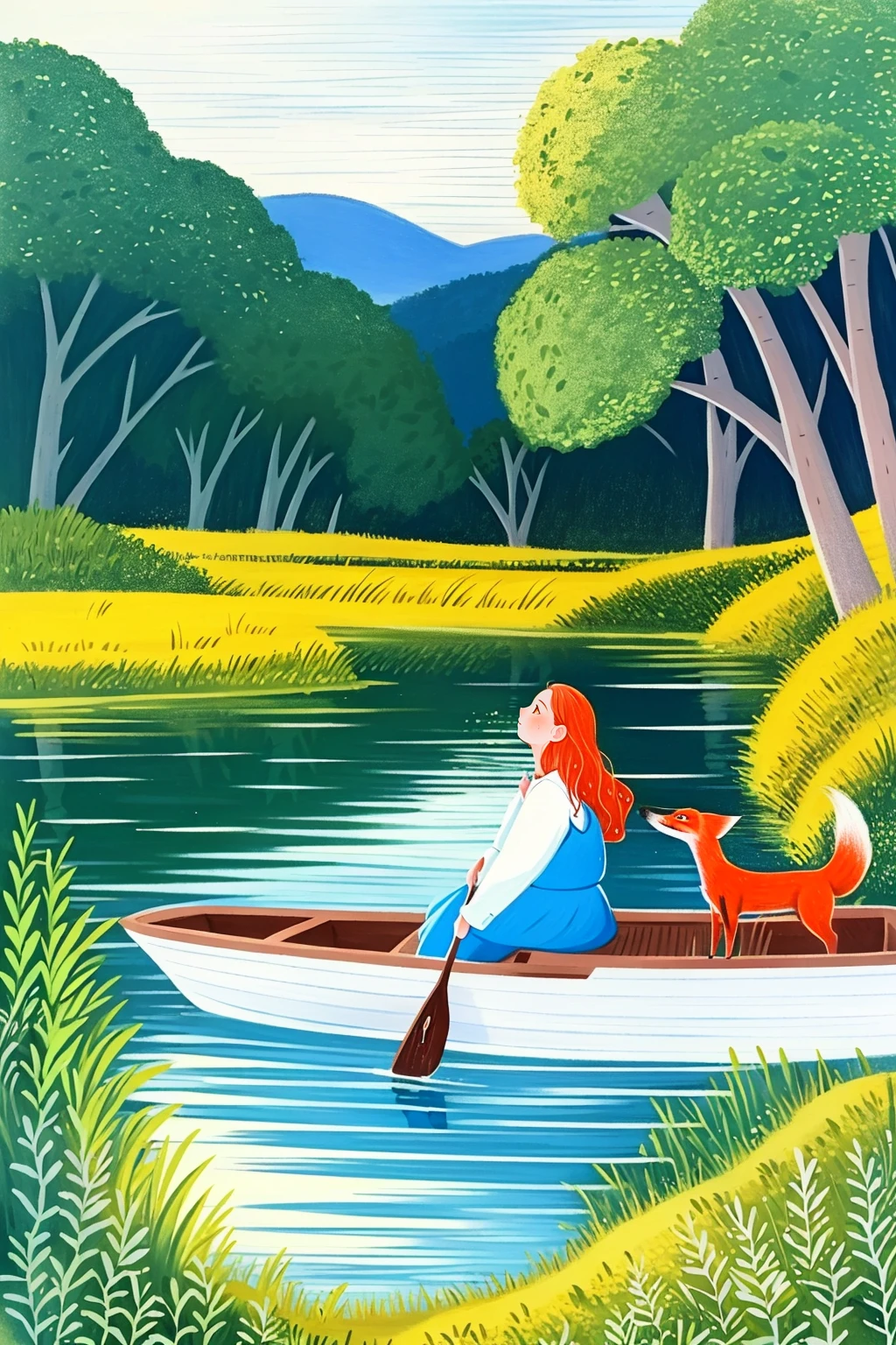 <lora:chat0515:0.8>,illustrations,1girl,outdoors,leaf,tree,wide shot,long sleeves,profile,sitting,boat,water,grass,solo,long hair,dog,white shirt,shirt,watercraft,orange hair,traditional media,animal,from side,fox,reflective water,scenery,plant,reflection,day,blue dress,