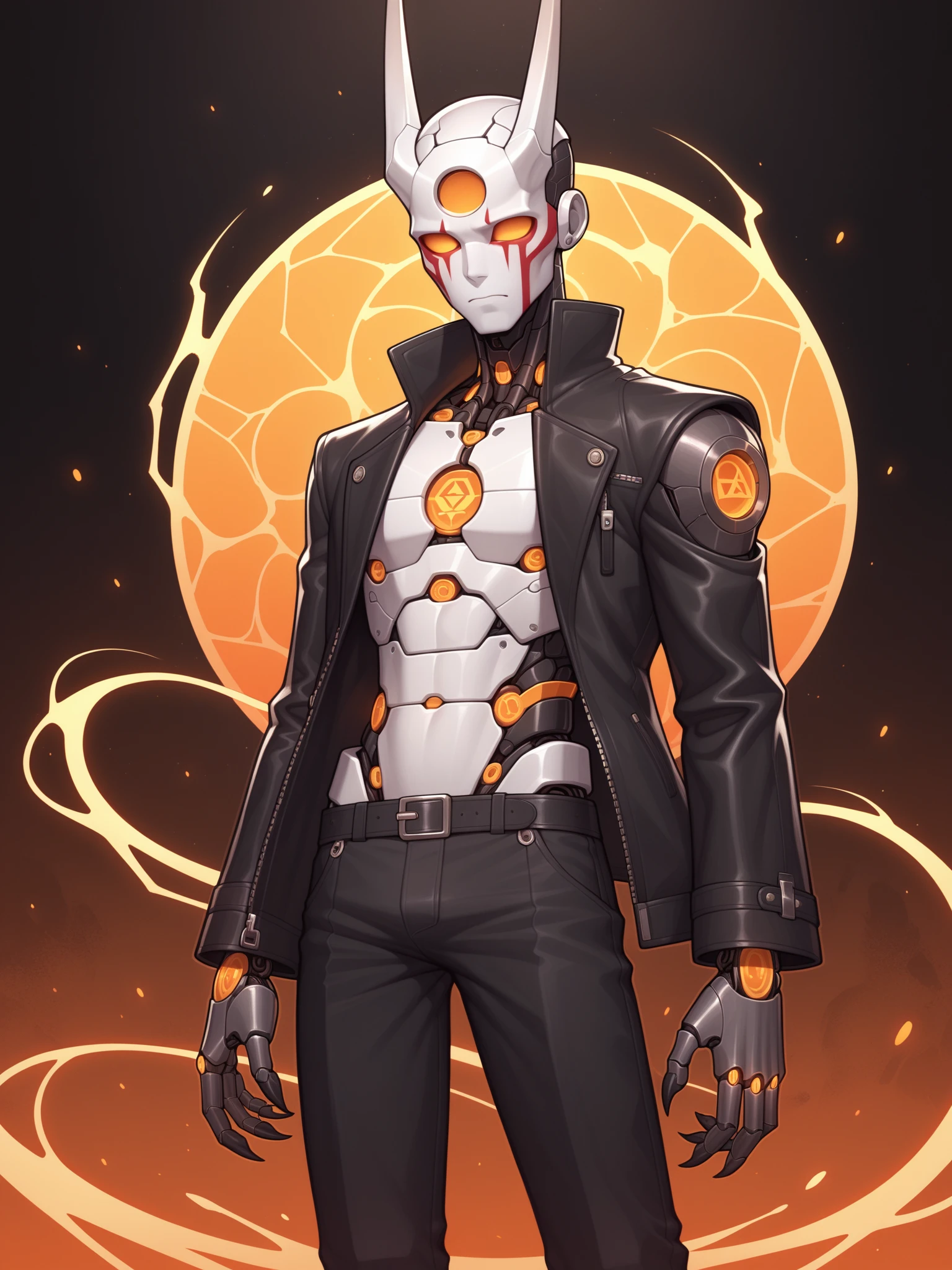 score_9, score_8_up, score_7_up, score_6_up, score_5_up, score_4_up, (derpibooru_p_95), source_cartoon, 1boy, solo, (art by asura \(asurauser\)), cowboy shot, (faceless, eyeless, robot, x-mark face paint:1.2), digital art, colorful, male, cybernetic arms, monster claws, skinny, dripping skin, jacket, horns, hell lava background