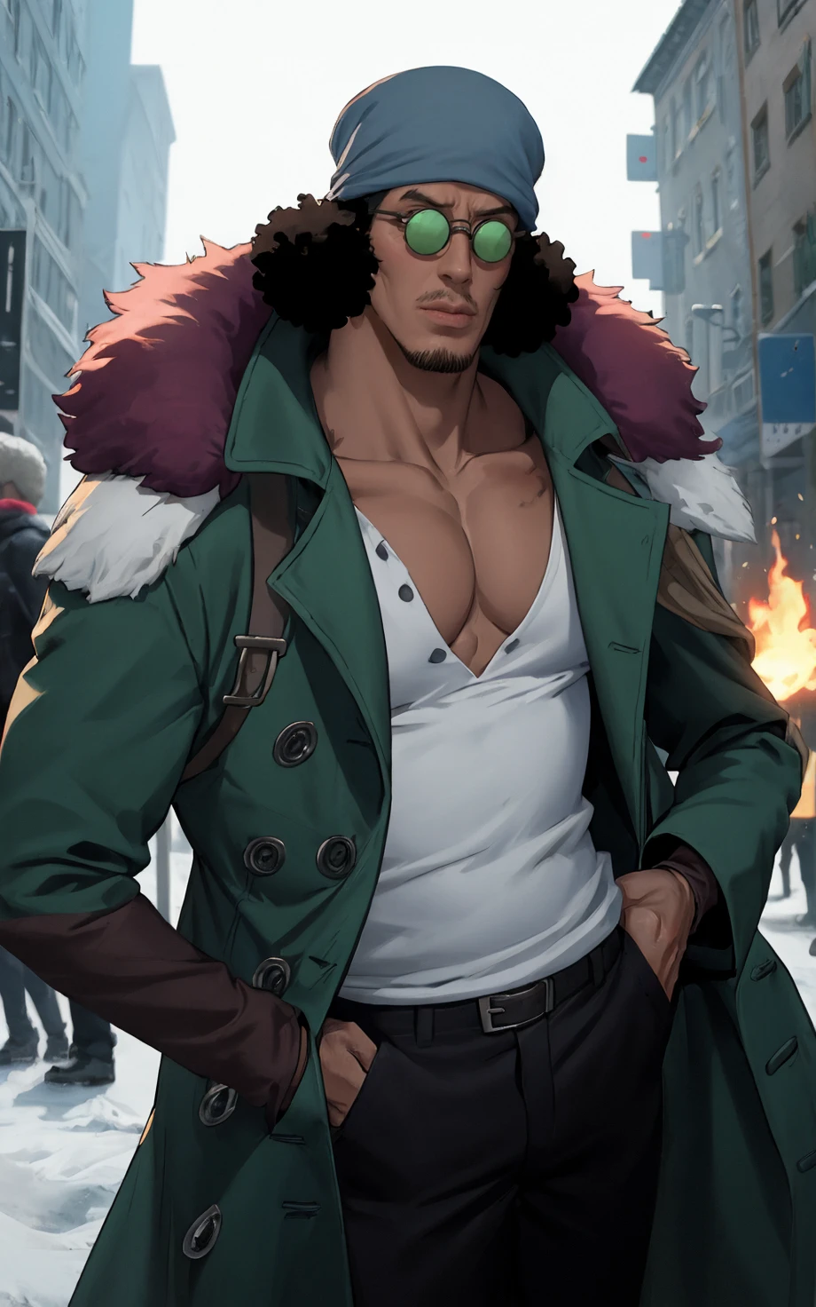 ((masterpiece, best quality)), insaneres, absurdres, solo, vanishing point,
Post_LongCoat_KuzanAokiji_ownwaifu,
1boy, black hair, hat, sunglasses, facial hair, glasses, dark skin, pectorals, scar, dark-skinned male, bandana, stubble, afro, short hair, mustache, bare pectorals, collarbone, lips, long sleeves, muscular, scar on chest, sideburns,
cleavage, male focus, coat, pants, fur trim, white shirt, open clothes, jacket, gloves, shirt, open coat, black gloves, black pants, long coat, denim, fur coat, green coat,
ice, cryokinesis, bara,
(portrait, straight-on)<lora:Marine_Admiral_KuzanAokiji_ownwaifu:1>,
outdoors, lens flare, depth of field, bokeh, embers, looking at viewer,