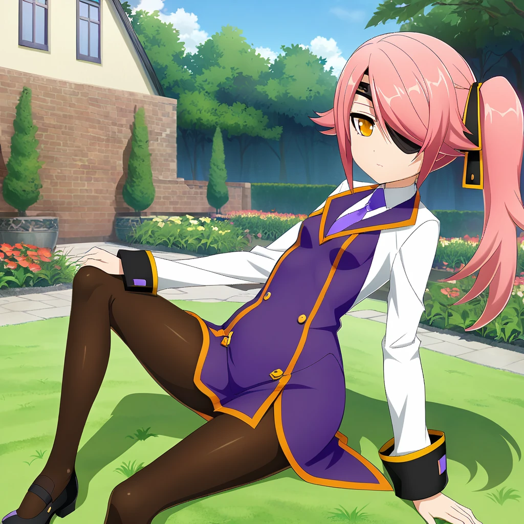 anime artwork illustrating Konoe_Ayatsuki_Mercury \(XB\),1girl, solo, long hair, long sleeves, dress, yellow eyes, pink hair, breasts, small breasts, pantyhose, necktie, hair over one eye,purple uniform, side ponytail, orange eyes, eyepatch,garden,grass. created by japanese anime studio. highly emotional. best quality, high resolution, Konoe_Ayatsuki_Mercury \(XB\),1girl, solo, long hair, long sleeves, dress, yellow eyes, pink hair, breasts, small breasts, pantyhose, necktie, hair over one eye,purple uniform, side ponytail, orange eyes, eyepatch,garden,grass, lush, celestial