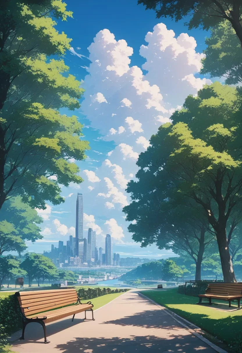 score_9, score_8_up, score_7_up, source_anime, rating_safe, scenery, outdoors, sky, cloud, summer day, trees, city park, bench, (no humans), very aesthetic, absurdres, detailed background, scr33nc@p, <lora:AAM_XL_Screencap_Style_For_Pony_Diffusion_V6:0.7>