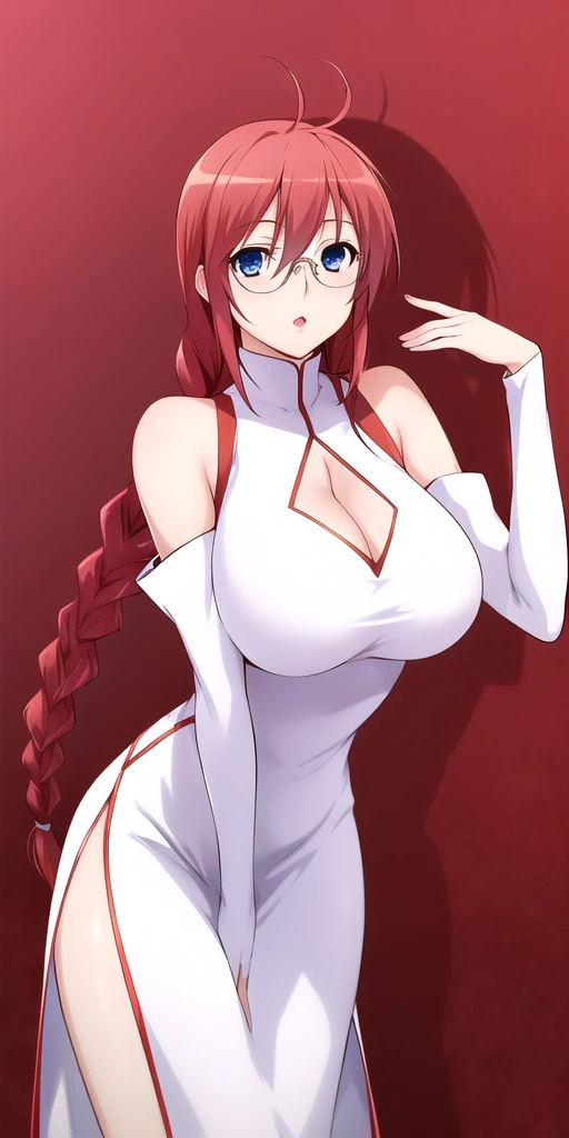 <lora:MatsuV2:0.7> matsusekirei, huge_breasts, standing, solo, white_turtleneck_dress_cleavage_cutout_detached_sleeves_past_wrists_side_slit, glasses, twin_braids,, masterpiece, best_quality, detailed_face, detailed_eyes, highres, beautiful, detailed, absurdres,