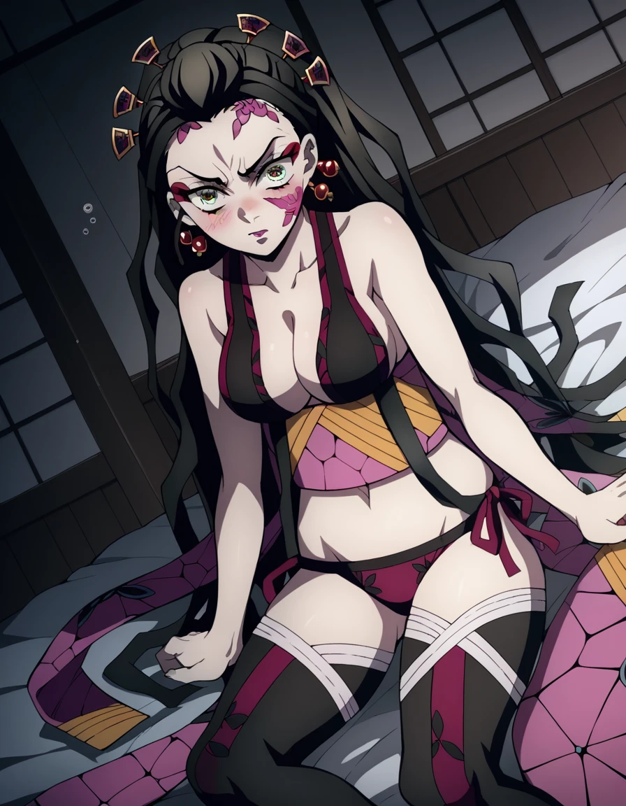 portraite of a, Beautiful figure (correct anatomy 1.1), closeup face, Full-length (Body Full 1.1.), one girls, ssmile, grin,  looking at the camera, nice feet, waist, the night,  Frame from above, From top to bottom, Beautiful waist, Erotica, sexypose, handsome body (Correct anatomy), sexy japanese clothes, Japanese style clothes, demon geisha, Very beautiful face, feminine face, beautiful body is completely visible, Masterpiece, Best Quality, in full height (Body Full 1.1.), Beautiful waist, nice feet, hiquality, Highly detailed face, Depth of field, HDR, Very detailed, Ray Tracing, full - body, Dark Fantasy, Demon Tattoo, Ultra Beautiful, lovely small breasts., 1girl, 独奏, looking a viewer, black hair, hair ornament, Jewelry, closed mouth, Green eyes, Yellow eyes, japanese clothes, kimono, makeup, lipstick, slit pupils, glowing eyes, angry, red-lips, hair stick