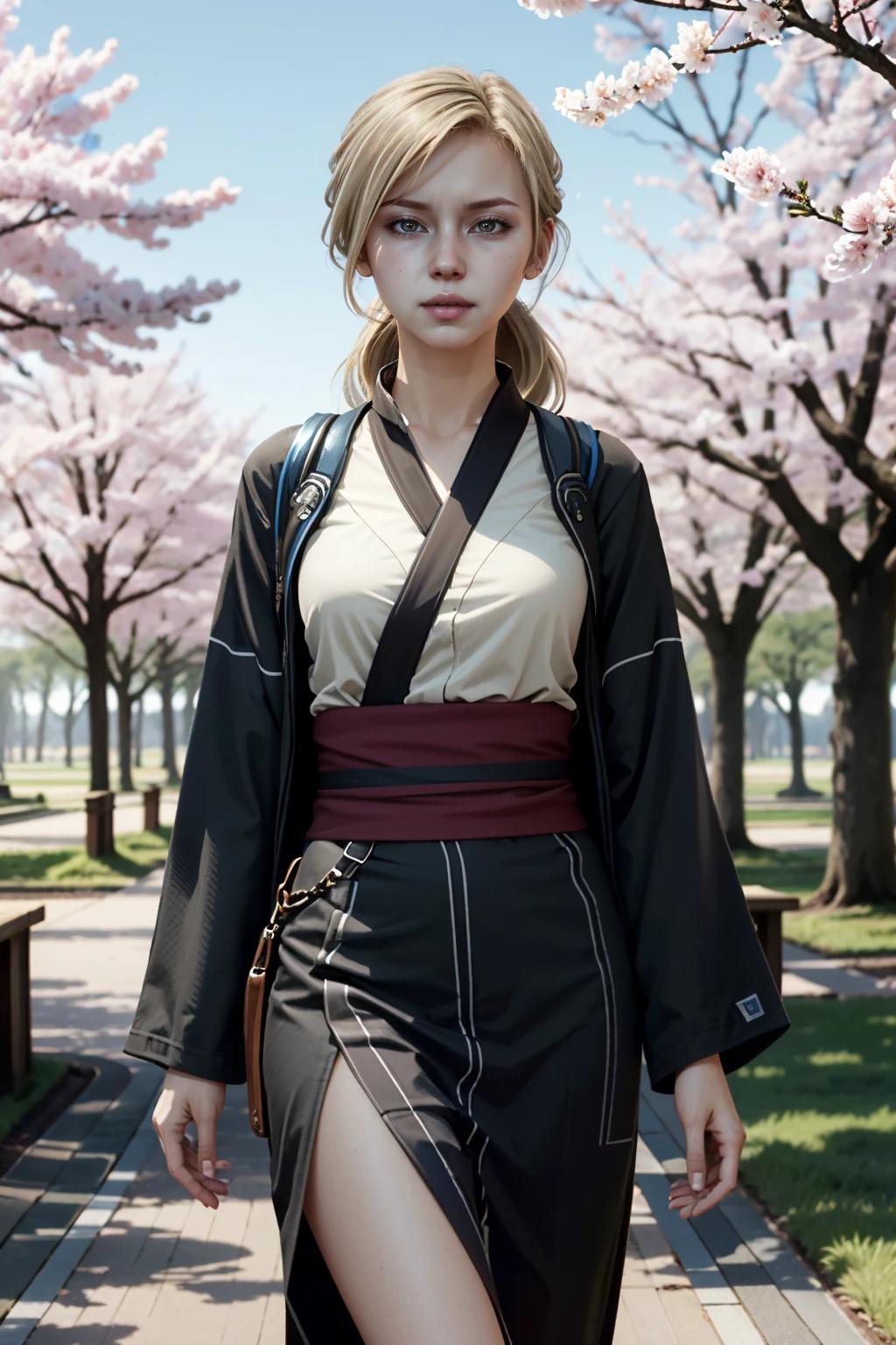 ((ultra detailed, masterpiece, absurdres))
<lora:MKCassie:0.8>
MKCassie, 1girl, looking at viewer, long hair, blonde hair, walking in a serene Japanese park with cherry blossoms, yukata, and a hair ornament