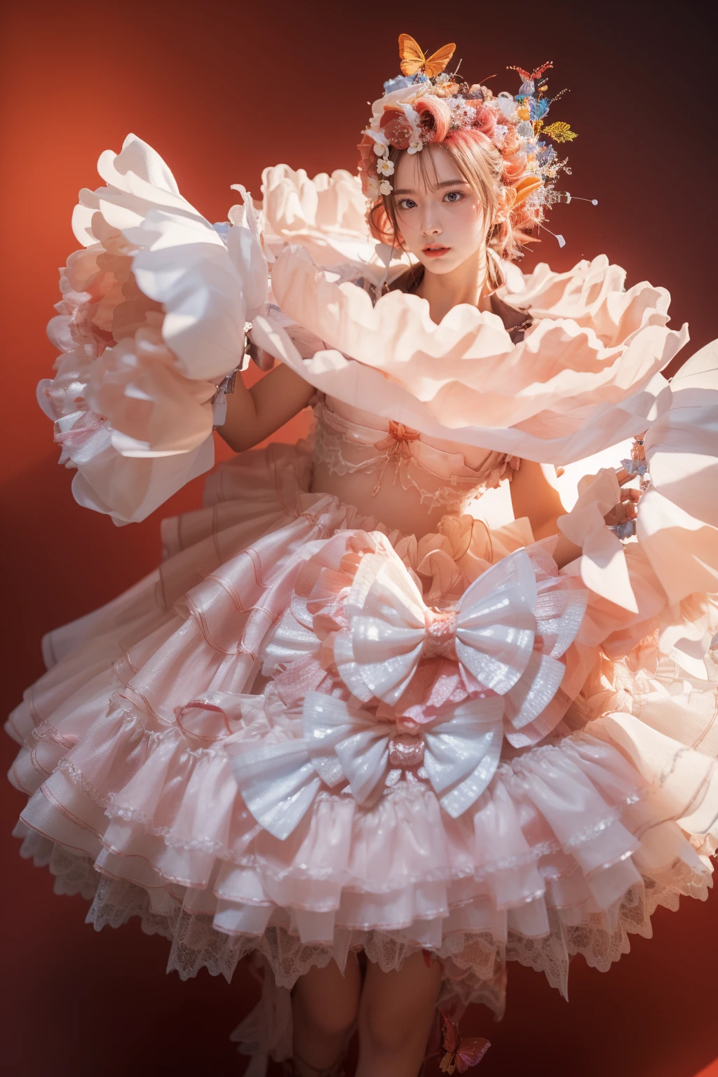 1girl,solo,red background,standing,thigh gap,,ruanyi0551,bow,butterfly,dress,frilled dress,hair flower,gloves,hair ornament,full body,<lora:0551 Full of fragrance 1_v1:1>, best quality,masterpiece,highres,official art,extremely detailed cg unity 8k wallpaper