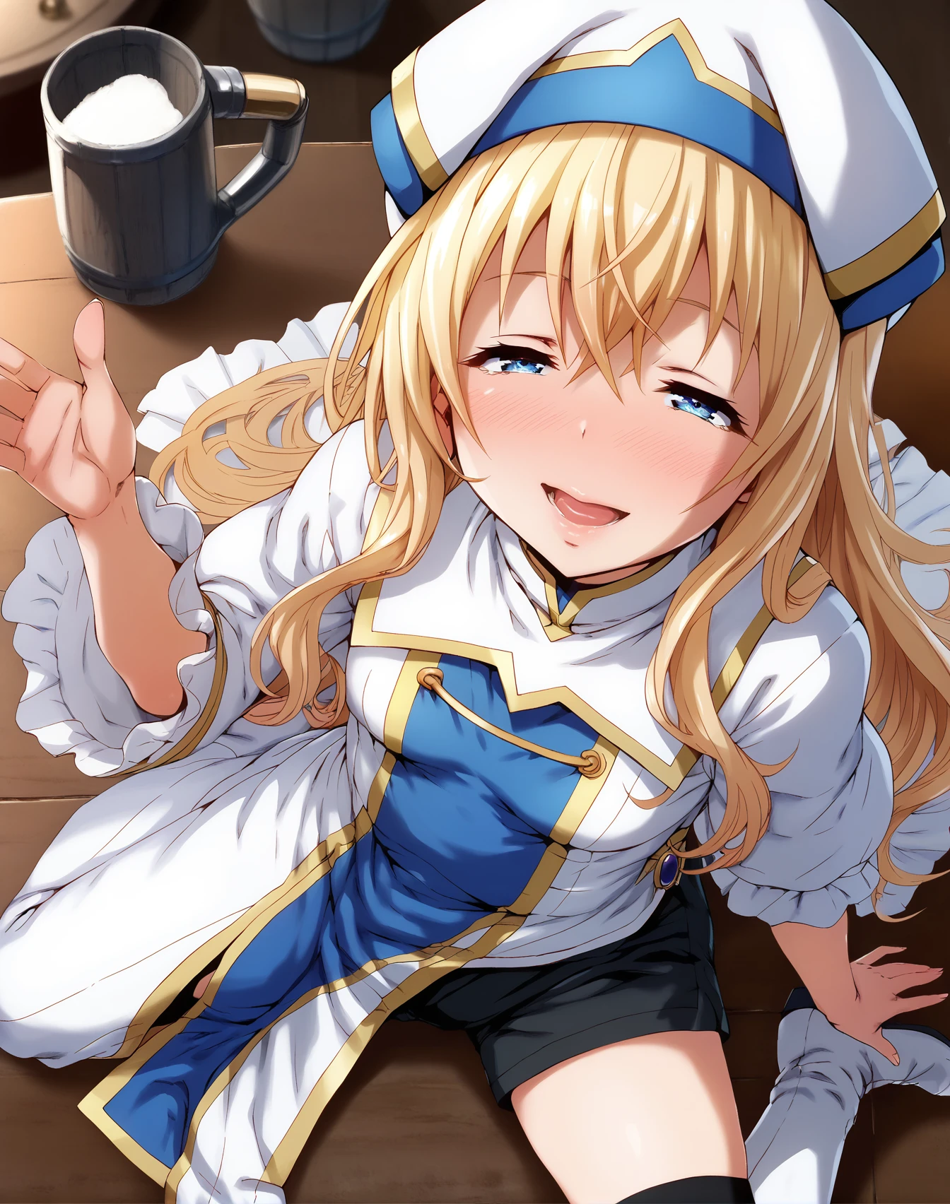 score_9, score_8_up, score_7_up,score_6_up, 1girl, drunk, sitting over a table, wariza, tavern, half-closed eyes, open mouth, smile, nose blush, from above, looking at viewer, beer,
urnsty <lora:uran_style_pony6_v1-000036:1> <lora:priestess_goblin slayer_PONY_epoch-000020:0.8> priestess-default,, (priestess from goblin slayer:0.8),blue eyes,long hair, blonde hair,white headwear,white dress,frilled sleeves, blue pelvic curtain,(black shorts:0.9),thighhighs,white boots, priestess-shirt,