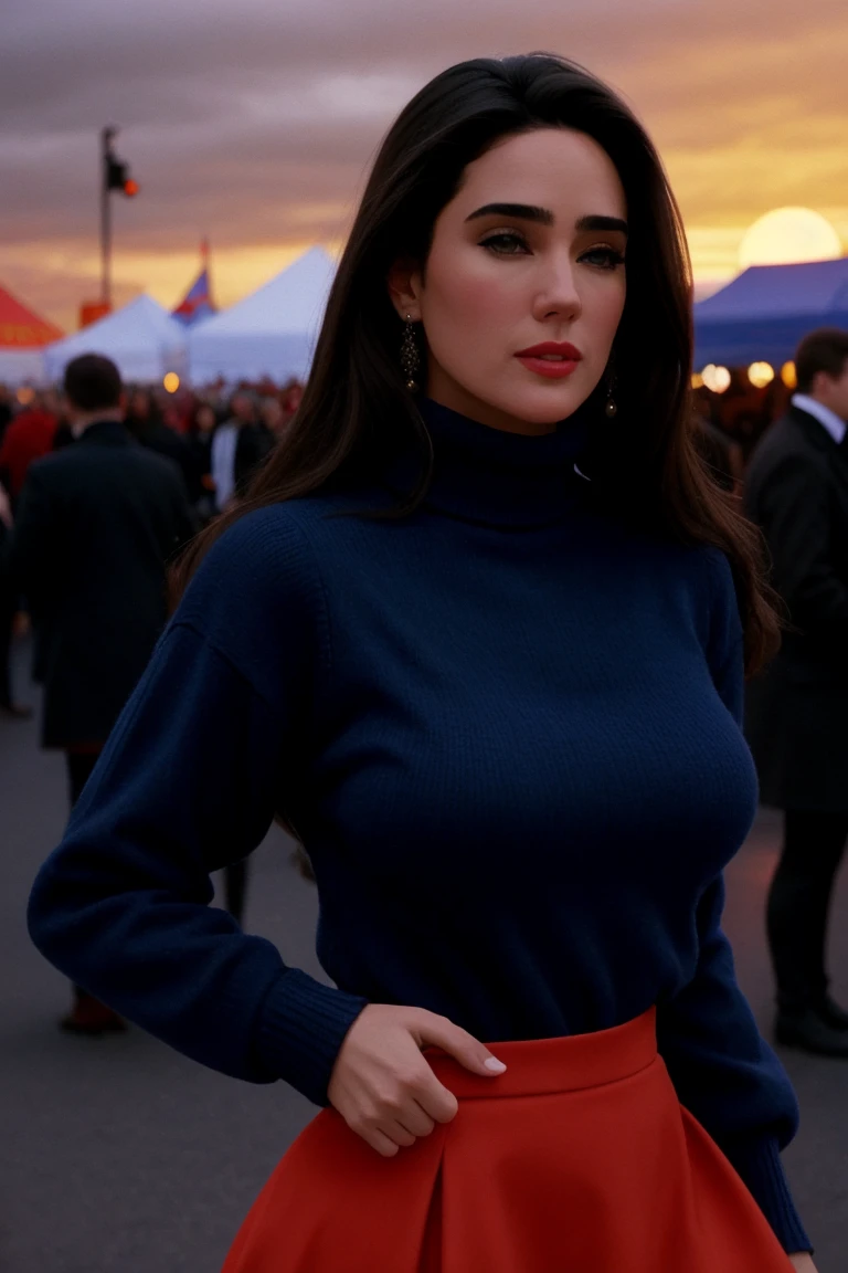 <lora:jenniferconnelly-04:0.6>,jenniferconnelly, , photo of a woman,  ,beautiful picture, fully clothed, turtleneck sweater, skirt, thighhighs, outside, carnival, festival, sunset, detailed, closeup