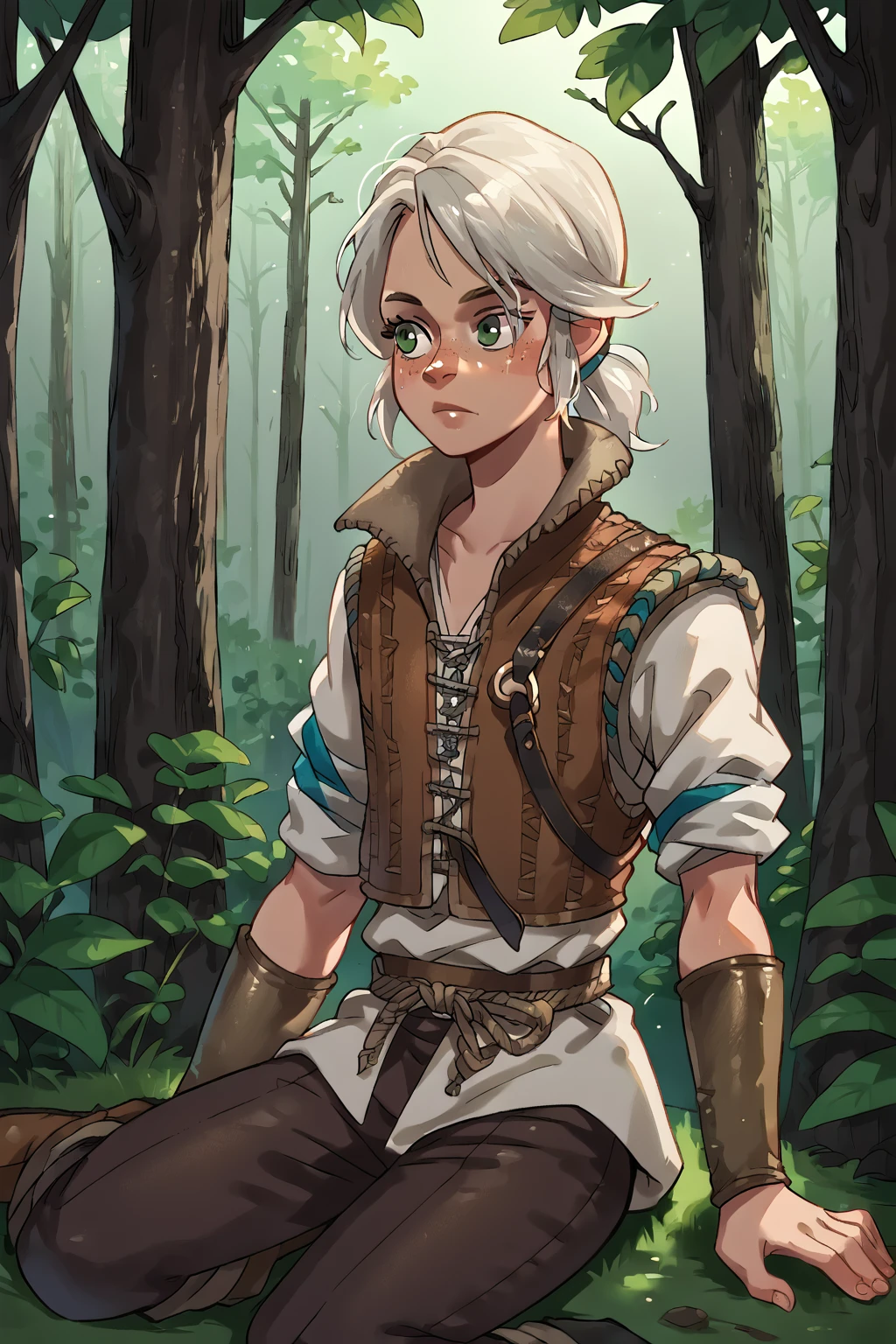 score_9, score_8_up, score_7_up, score_6_up, score_5_up source_anime,  <lora:Ciri-Young:0.8> ciri_young, tunic, vest, leather bracers, belt, sitting, ponytail, brown pants, leather boots, forest, green eyes, freckles, <lora:pony_good_hands:1> good_hands, better_hands, <lora:OtherStyle_03:0.8>, <lora:The_last_of_us_Style:0.3>, (dark background 1.4),