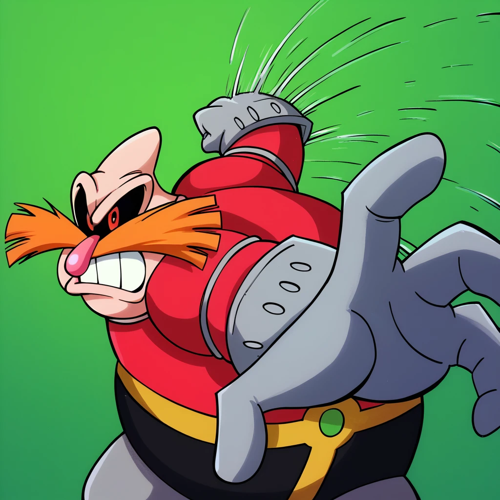 zPDXL, score_9_up, score_8_up, score_7_up, best quality, soft shading:1.5, IncrsPunchMeme, masterpiece, source_anime, (green background, speed lines:1.2) (arms up, looking up:1.4), BREAK 1boy, solo, dr_robotnik_(\aosth\), bald, red eyes, orange mustache, pink nose, fat, red shirt, black pants, grey socks, grey gloves, teeth, incoming punch, looking at viewer, <lora:PDXL_Robotnik_AOSTH:1> <lora:PepePunchMeme_XLPD:0.8>