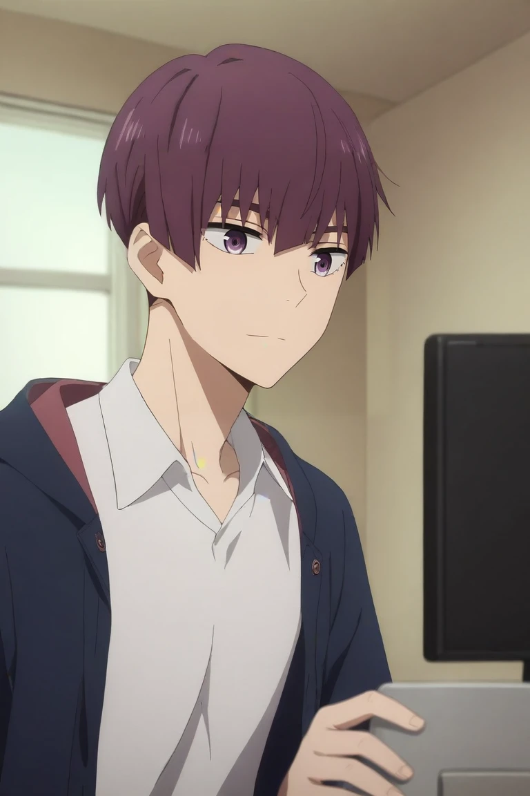 score_9, score_8_up, score_7_up, source_anime, rating_safe, , anime screencap, , official style, , depth of field, 1boy, solo, male focus, <lora:ryou_hoshino_pony:0.84>, ryou_hoshino, purple hair, purple eyes, short hair, close-up, bedroom, computer monitor, indoors, dark, holding object, light smile, , <lora:sdxl_lightning_8step_lora:1>