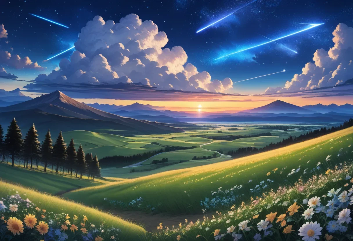 score_9, score_8_up, score_7_up, source_anime, rating_safe, scenery, outdoors, sky, cloud, (no humans), star \(sky\), mountain, mountainous horizon, flower, starry sky, grass, landscape, shooting star, nature, tree, blue sky, sunset, cloudy sky, field, night, night sky, plant, hill, evening, cumulonimbus cloud, very aesthetic, absurdres, detailed background, scr33nc@p, <lora:AAM_XL_Screencap_Style_For_Pony_Diffusion_V6:0.7>