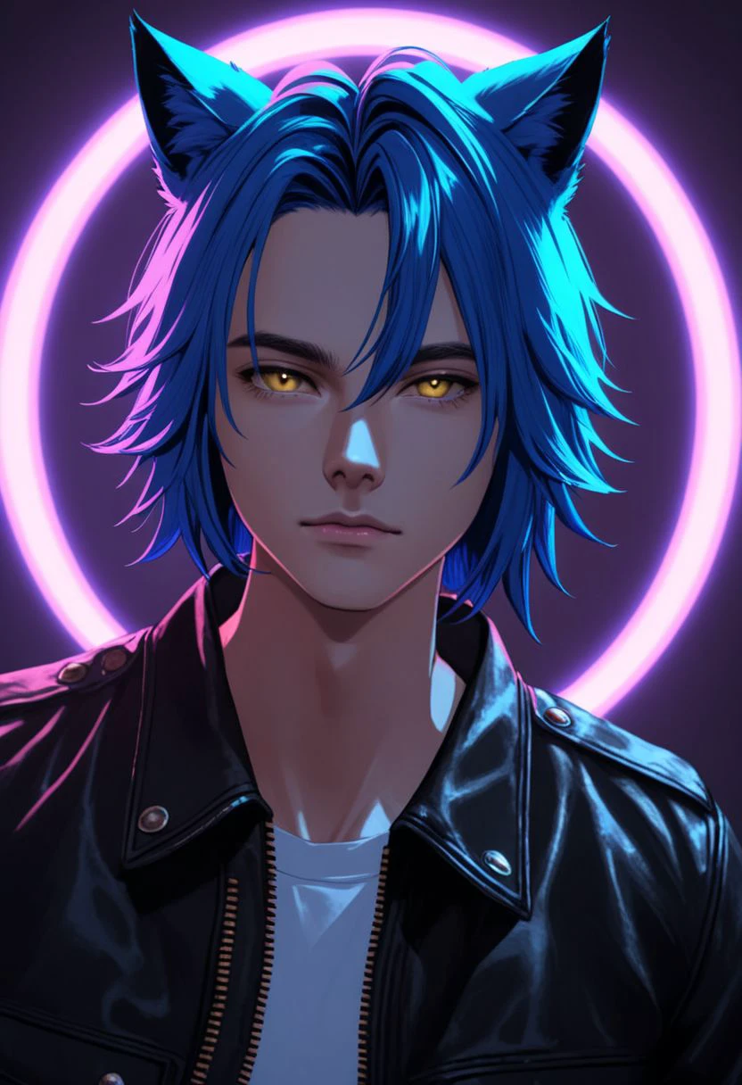 vpzdxizz, solo, animal ears, blue hair, 1boy, male focus, jacket, realistic, halo, shirt, cat ears, leather, looking at viewer, upper body, black jacket, open jacket, open clothes, yellow eyes, closed mouth, white shirt,  portrait, sidelighting, neon lighting, neon halo, ,  cinematic angle, masterpiece, best quality ,