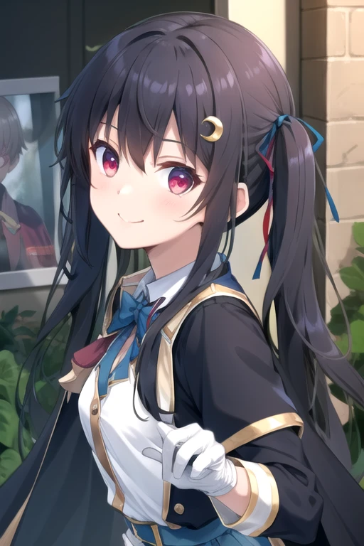 ((masterpiece)),(best quality),official art,extremely delicate and beautiful,extremely detailed CG,unity 8k wallpaper,ultra detailed,beautiful detailed eyes,extremely detailed face,outdoors,1girl,solo,upper body,(portrait:1.5),looking at viewer,facing viewer,smile,(petite:1.2),Daisy Moss,very long hair,shiny hair,black hair,twintails,gradient hair,multicolored hair,crescent hair ornament,hair ribbon,blue ribbon,blue bow,hairclip,sidelocks,hair between eyes,bangs,red eyes,uniform,gold trim,black cape,white jacket,wing collar,red bowtie,collared shirt,white shirt,dress shirt,long sleeves,white gloves,medium breasts,blue belt,miniskirt,blue skirt,pleated skirt,zettai ryouiki,black thighhighs,high heels,<lora:Daisy Moss(rhsooen):0.8>,
