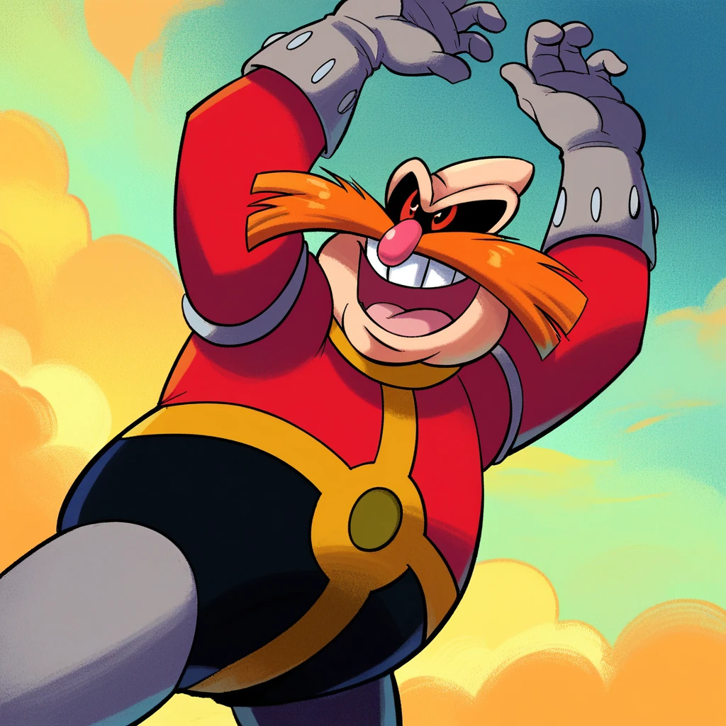 zPDXL, score_9_up, score_8_up, score_7_up, best quality, soft shading:1.5, masterpiece, source_anime, yellow background, clouds, (arms up, looking up:1.4), BREAK 1boy, solo, dr_robotnik_(\aosth\), bald, red eyes, orange mustache, pink nose, fat, red shirt, black pants, grey socks, grey gloves, standing, portrait, smile, teeth, open mouth, laughing, from below, portrait, <lora:PDXL_Robotnik_AOSTH:1>