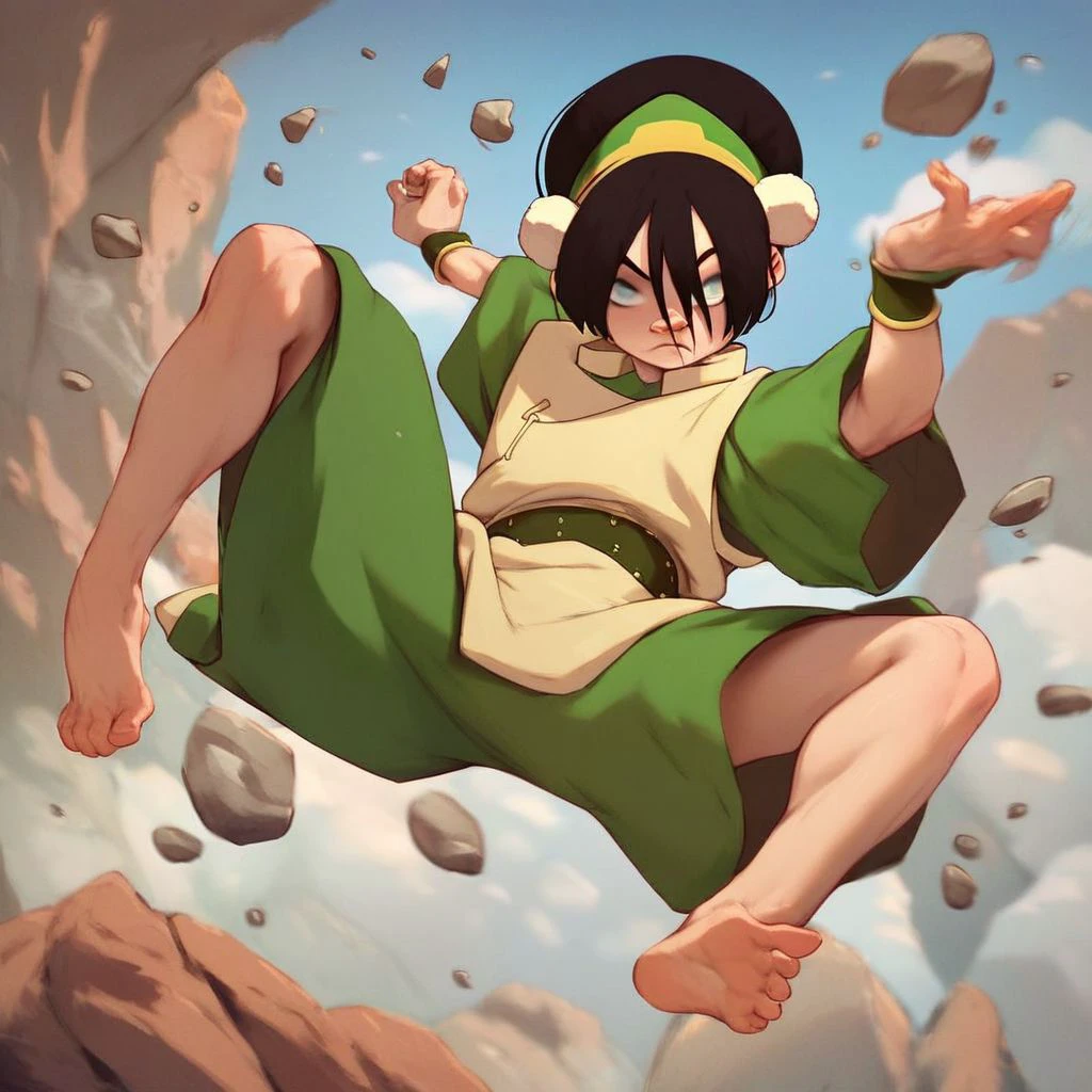 score_9, score_8_up, score_7_up, score_6_up, score_5_up, score_4_up, rating_explicit, 1girl, Toph, blind, fighting stance, surrounded by floating rocks, flying rocks, barefoot, rocky terrain