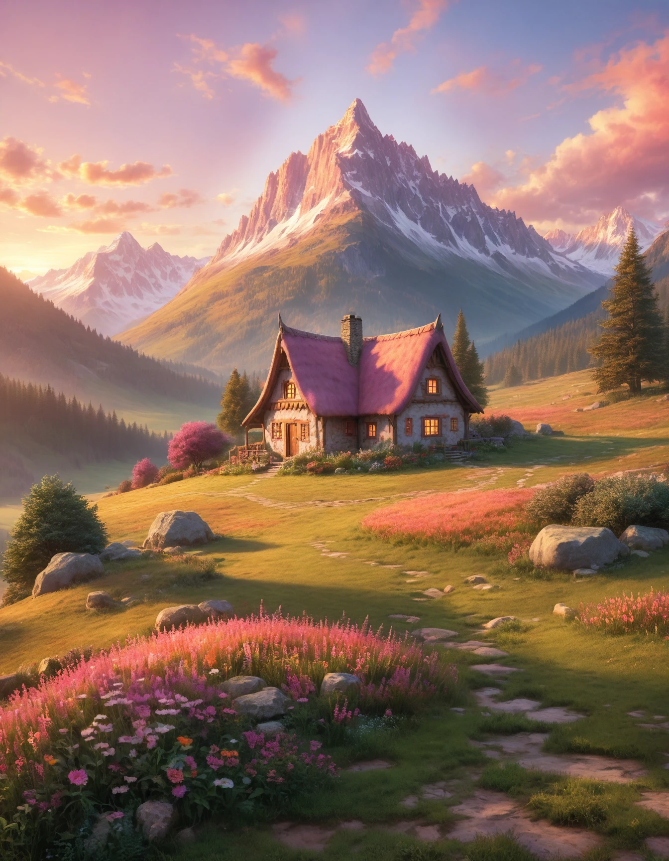 a cozy and whimsical cottage sits in the middle of a vast meadow, surrounded by tall peaks and lush greenery. The sky above is painted in shades of pink and orange as the sun begins to set, casting a warm glow on the scene. 