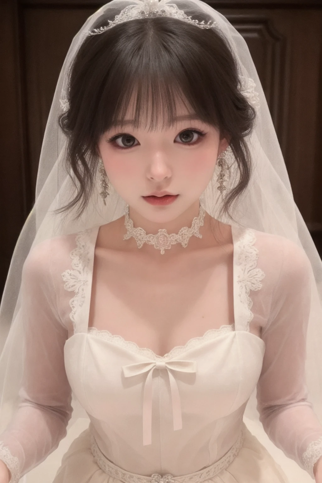 masterpiece, high quality,1girl, upper body, wedding dress, bridal veil,waist apron, lace trim, choker,earrings, lace trim, ornate clothes, skirt hold, blush, parted lips, 
<lora:ip-adapter-faceid-plusv2_sd15_lora:0.63>    <lora:ell_v1:0.52>