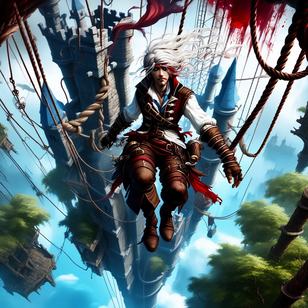 sky, brown hair, rope, castle, white hair, vambraces, tree, forest, blood, pirate