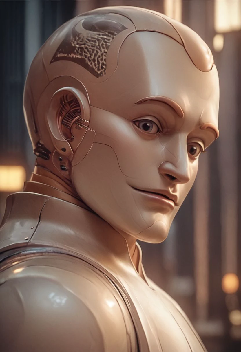 An alien, with albino and realistic skin, large head, short and thin neck, very large eyes and all black, which reflects the local lighting, a nose similar to that of humans but small, a mouth similar to that of humans but small, the body is thin and thin, the alien wears a white sleeve shirt with a letter made of small silver that appears to the right represented within a triangle of the same size, the clothing is inspired by the clothes used for surfing, the color to be used is red, pink chock and blue, as well as details of the environment, and manufactured with neoprene fabric, it is possible to notice a silver necklace hanging from his neck, with a pinjente in the triangular shape with an eye that sees everything in the center as a symbol. the alien is in a recording studio whose scenery is minimalist and features a gray background in gradient hue to circular white, the camera captures the image from the waist up, the alien presents friendly and light expressions, the alien interact with the camera always with a slight smile of satisfaction and tranquility,  The skin used and all the elements are of extreme realism, especially the skins, the lighting is an illumination inspired by the 80s.