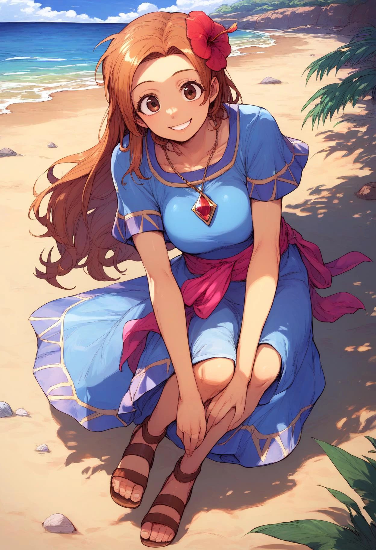 score_9,  score_8_up, solo, <lora:Degen_Marin_v1-000009:.8> marin, blue dress, sash, necklace, short sleeves, single hair flower, sandals, brown eyes, smile, beach, long hair wrapping arms around legs