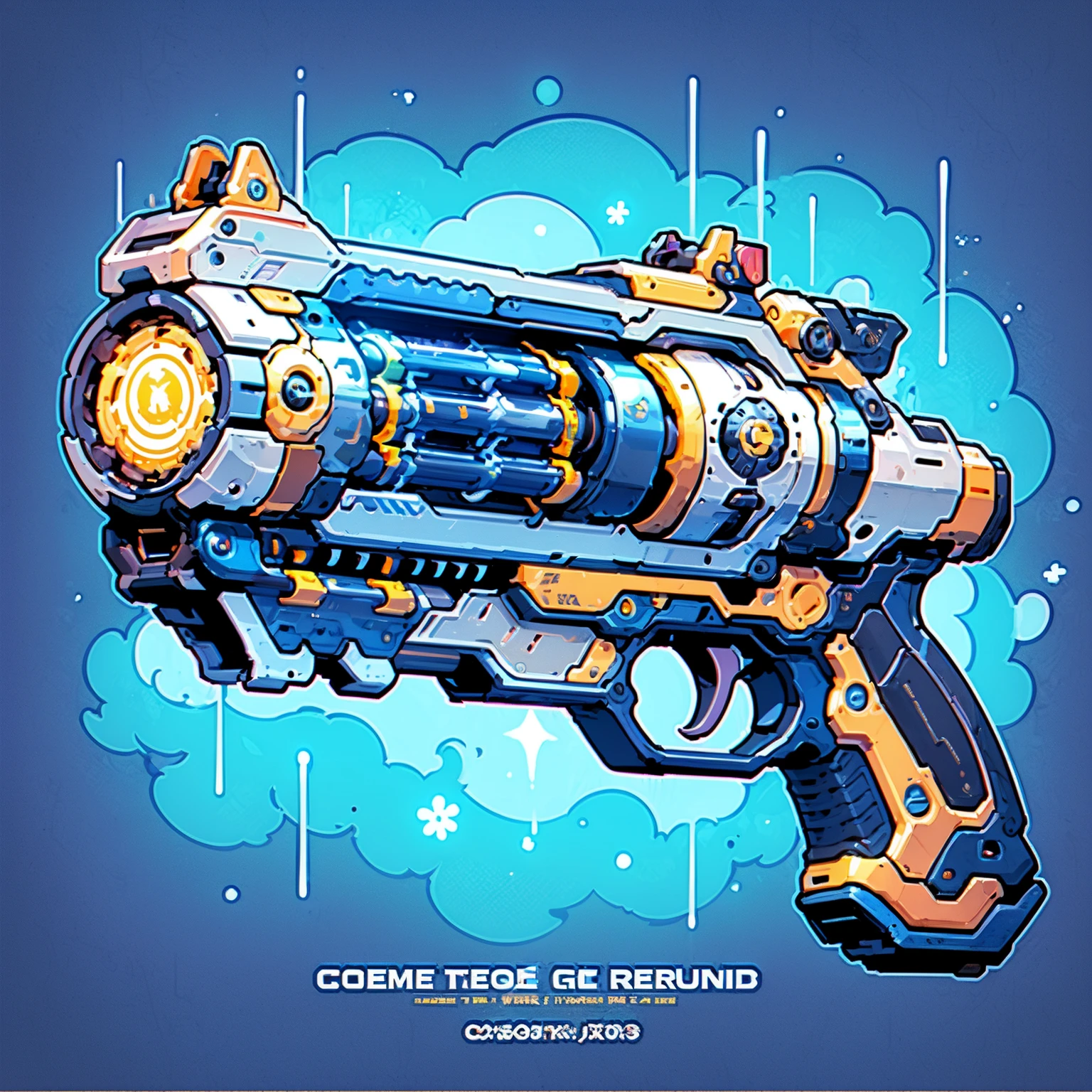 HEZI,game equipment items,ICONS,Cyberstyle,Weapons,no humans,science fiction,artist name,robot,blue background,glowing,english text,mecha,solo,watermark,rain,from side,web address,wheel,gears,machinery,simple background,<lora:èµå游æéå
·-000016:0.7>,