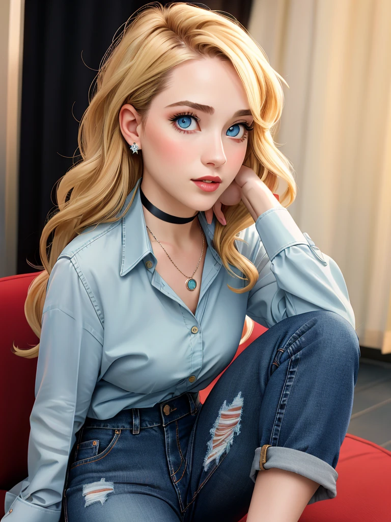 Realistic photo of a beautiful 3v4nr4ch3l woman,1girl, solo, long hair, looking at viewer, blue eyes, blonde hair, simple background, shirt, jewelry, sitting, choker, pants, necklace, lips, black shirt, makeup, denim, red background, knee up, jeans, realistic, torn pants, professional Photography, Photorealistic, detailed, RAW, analog, sharp focus, 8k, HD, DSLR, high quality, Fujifilm XT3, film grain, award winning, masterpiece<lora:3v4nr4ch3l:1.0>