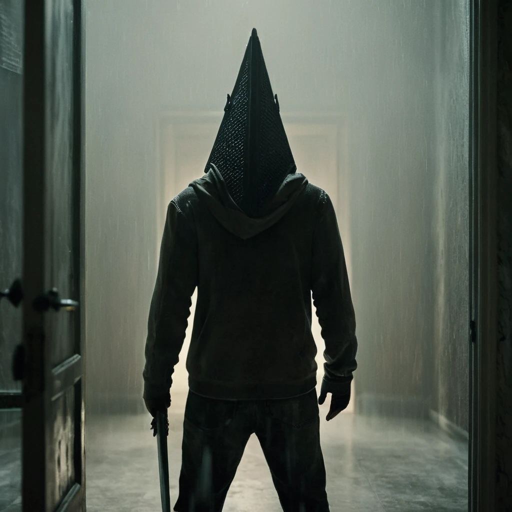 cinematic film still of  <lora:perfection style:0.5> <lora:detailed:0.5> perfection detailed
 <lora:Sairento Hiru style:0.9>
 <lora:Pyramid Head:0.9>
In the mysterious New England town of Silent Hill Pyramid Head a man in a hoodie standing in a doorway,Triangle Head,solo,1boy,male focus,indoors,hood,window,rain,door , cinematic, supernatural, horror style, Sairento Hiru style, shallow depth of field, vignette, highly detailed, high budget, bokeh, cinemascope, moody, epic, gorgeous, film grain, grainy