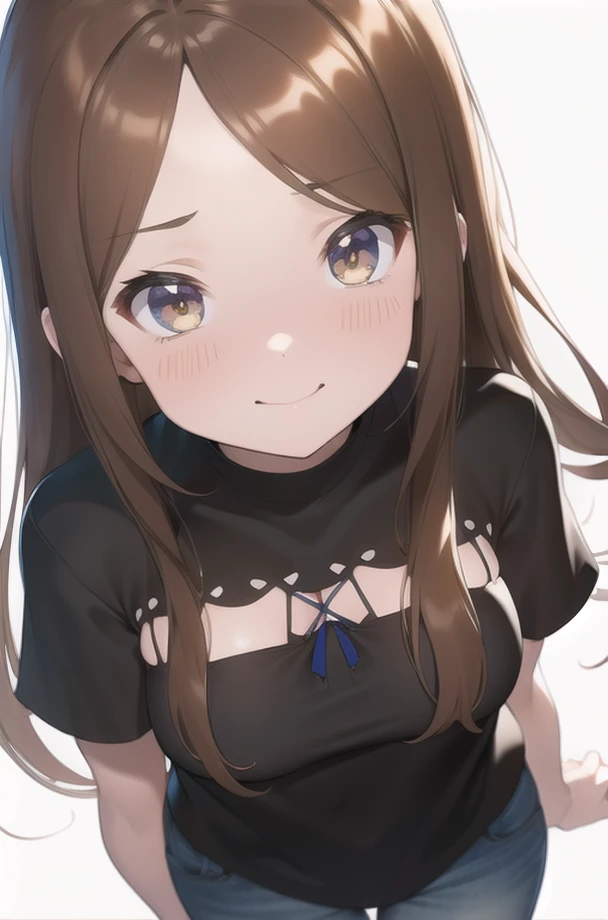 (best quality,4k,highres,masterpiece:1.2),ultra-detailed,1girl,takagi-san-adult,arms behind back,black shirt,blue pants,breasts,(brown eyes),brown hair,collarbone,cowboy shot,downblouse,dutch angle,leaning forward,long hair,looking at viewer,nipples,no bra,pants,(parted bangs:1.2),road,shirt,short sleeves,small breasts,smile,solo,street,<lora:takagi-san-adult-sd15:1>,