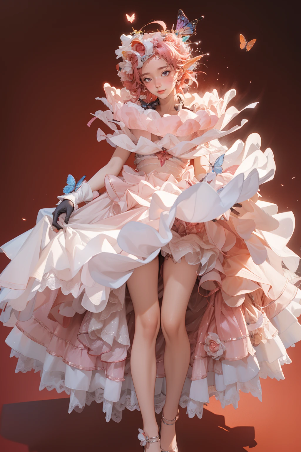 1girl,solo,red background,standing,thigh gap,,ruanyi0551,bow,butterfly,dress,frilled dress,hair flower,gloves,hair ornament,full body,<lora:0551 Full of fragrance 1_v1:1>, best quality,masterpiece,highres,official art,extremely detailed cg unity 8k wallpaper