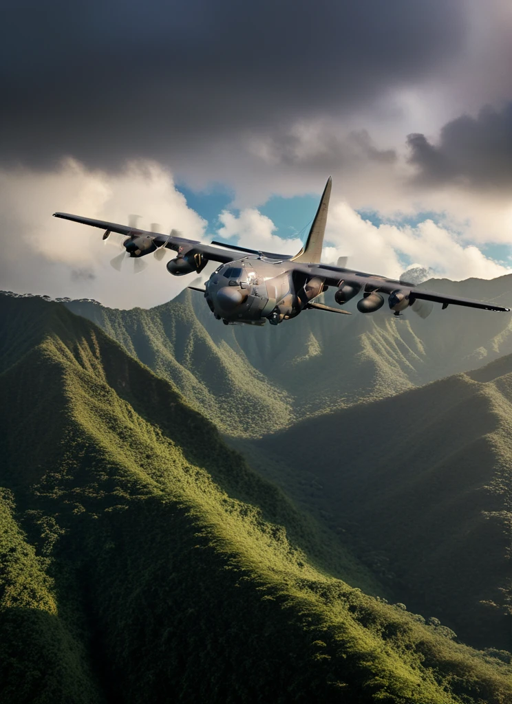 Cinematic still looking up at USAF AIR_C130 flying over mountainous jungle, crepuscular clouds, sunset <lora:AIR_C130:1>