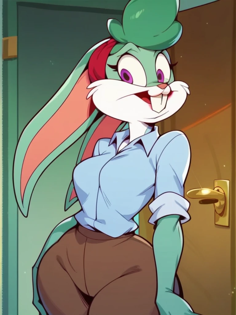 score_9, score_8_up, score_7_up, score_6_up, score_5_up, score_4_up, BShara_Bunny, 1girl, solo, (rabbit girl, rabbit ears, green fur, bangs, purple eyes, medium breasts, wide hips, buck teeth), blue collared shirt, brown pants, door, wall, <lora:bshara-bunny-v2:1>