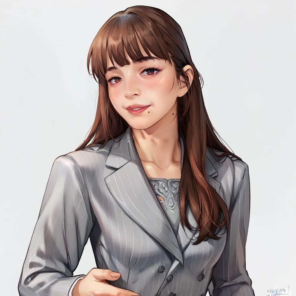 score_9, score_8_up, score_7_up, score_6_up, score_5_up, score_4_up, BREAK 1girl, yua yaiba, mole near lip, looking at viewer, brown hair, long hair, bangs, upper body portrait, grey formal suit, long sleeves, plain white background, <lora:Yua_Yaiba-000004:1> <lora:reiq_style_xl_ilff:1>
