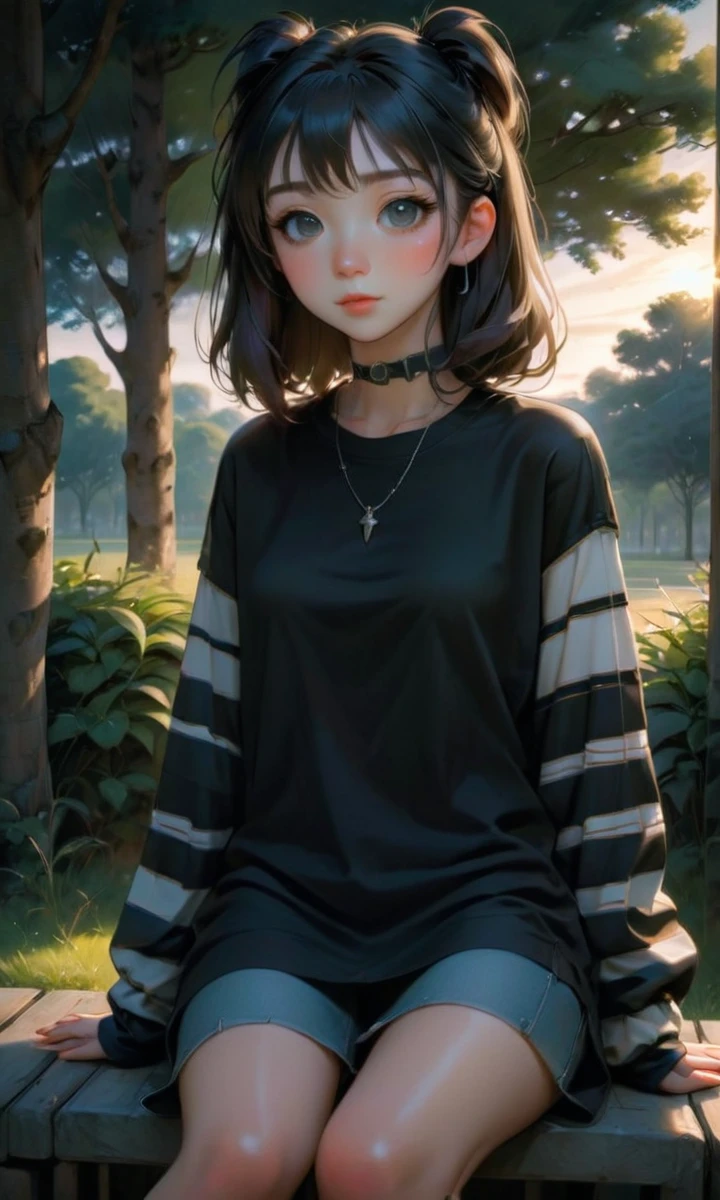digital art, anime, dynamic angle, detailed, handsome young woman, (oversize) plain black t-shirt with (long striped sleeves), sitting outside, detailed face, soft evening light <lora:alt_fashion_v2:1> <lora:aesthetic_anime_v1s:1>