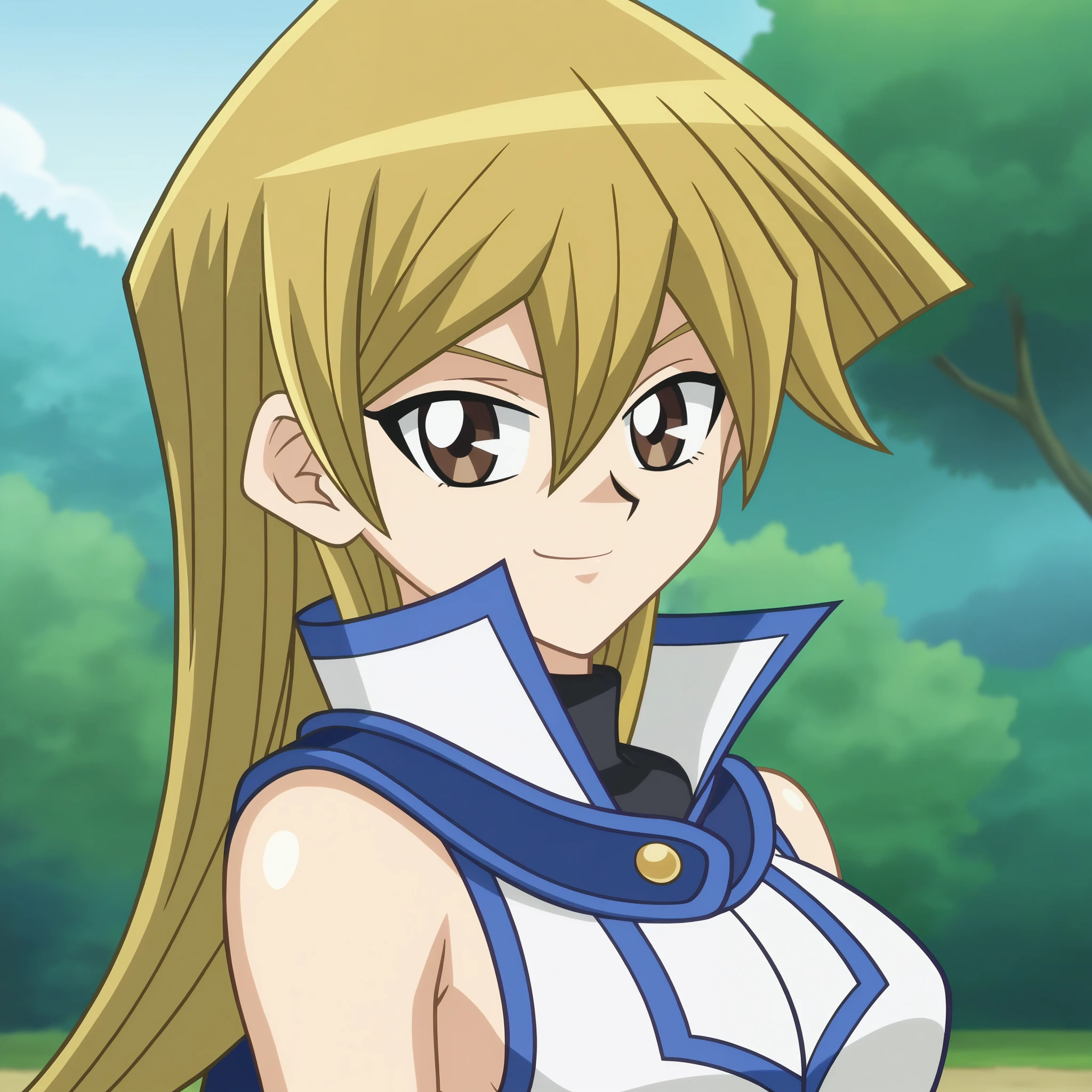 outdoors, nature,
<lora:AlexisSDXL:0.8>,alexgx, 1girl,solo, long hair, sleeveless jacket, blonde hair, brown eyes, hair between eyes, bare shoulders,looking at viewer, turtleneck,smirk, medium breasts,standing, portrait, close-up,
anime screencap, anime coloring, official art,