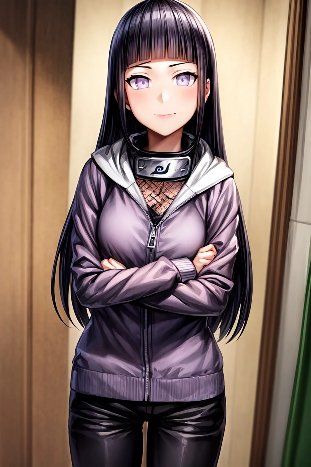 (masterpiece), (best quality:1.4, high quality:1.4, highres, intricate shirt, illustration), (solo, solo focus), sole female, long hair, smile, hood jacket, purple jacket, hood down, fishnet tops, medium breasts, black pants, crossed arms, hime cut, standing, cowboy shot, indoors, forehead protector, konohagakure symbol, 1girl, hyuuga hinata, white eyes, blunt bangs, <lora:GoodHands-beta2:0.7>, <lora:Hyperdetailerv95:0.3>, <lora:add_detail:0.5>, <lora:more_details:0.3>, <lora:de4aa902-00d7-4af8-9215-f54bd793d6c7:0.8>