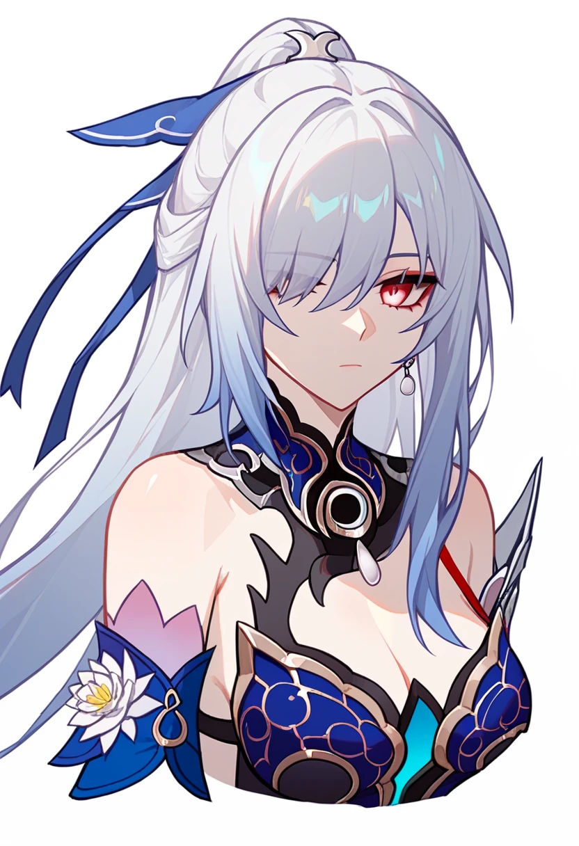 score_9,score_8_up,score_7_up,<lora:star_rail_all_v2:1>,1girl, looking_at_viewer, solo, halter_dress, highres, hair_over_one_eye, white_background, commission, blue_dress, jingliu_\(honkai:_star_rail\), from_side, one_eye_covered, hair_ribbon, cleavage, upper_body, expressionless, simple_background, detached_sleeves, bare_shoulders, absurdres