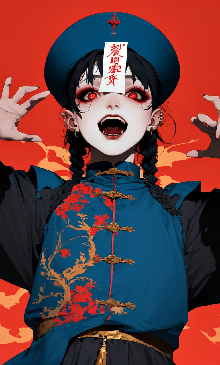 ((masterpiece)), ((best quality)), 8k, high detailed, ultra-detailed,1girl, jiangshi, jiangshi costume, solo, open mouth, teeth, black hair, red eyes, long hair, piercing, ofuda, braid, upper body, talisman, blue fire,<lora:psycho_JiangS:0.8>