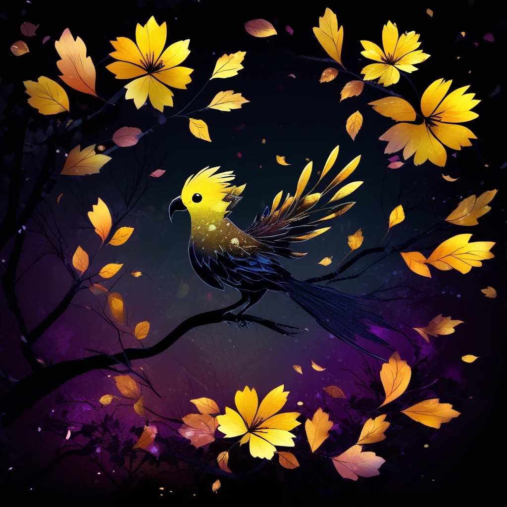 artbrdprrt, gradient, yellow flower, in tree, falling leaves, autumn, sparkle, black background, bird