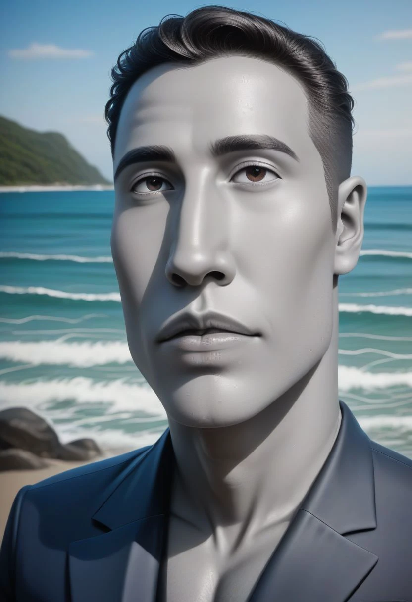 cinematic lighting, extremely detailed, high detail, hires textures, incredibly detailed, intricate details, intricate diorama, masterpiece, outstanding intricacies, photorealism, true masterpiece, Moai Statue, Moai face, Moai man, wearing a suit, shore background, luscious, Exquisite,  full body, coastal view, sea, waves,