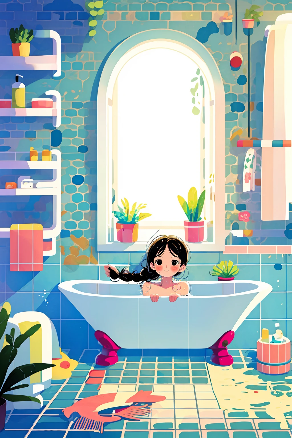 <lora:chat0515:0.8>,illustrations,1girl,solo,plant,bathtub,bathing,long hair,black hair,bath,blush,black eyes,smile,braid,looking at viewer,indoors,nude,partially submerged,potted plant,water,