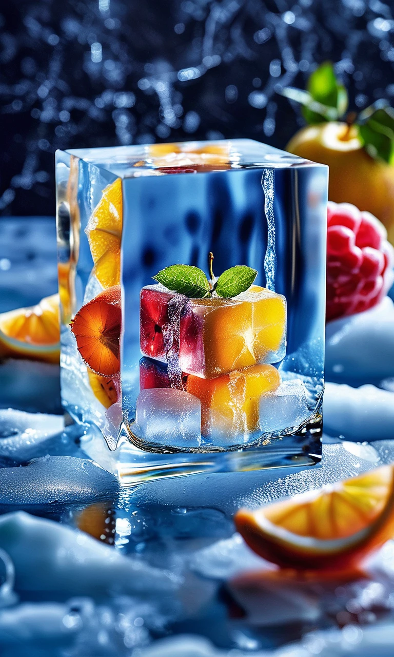 ((masterpiece)), ((best quality)), 8k, cube impression, ice, fruit in ice cube, ad,<lora:cube_XL:1>