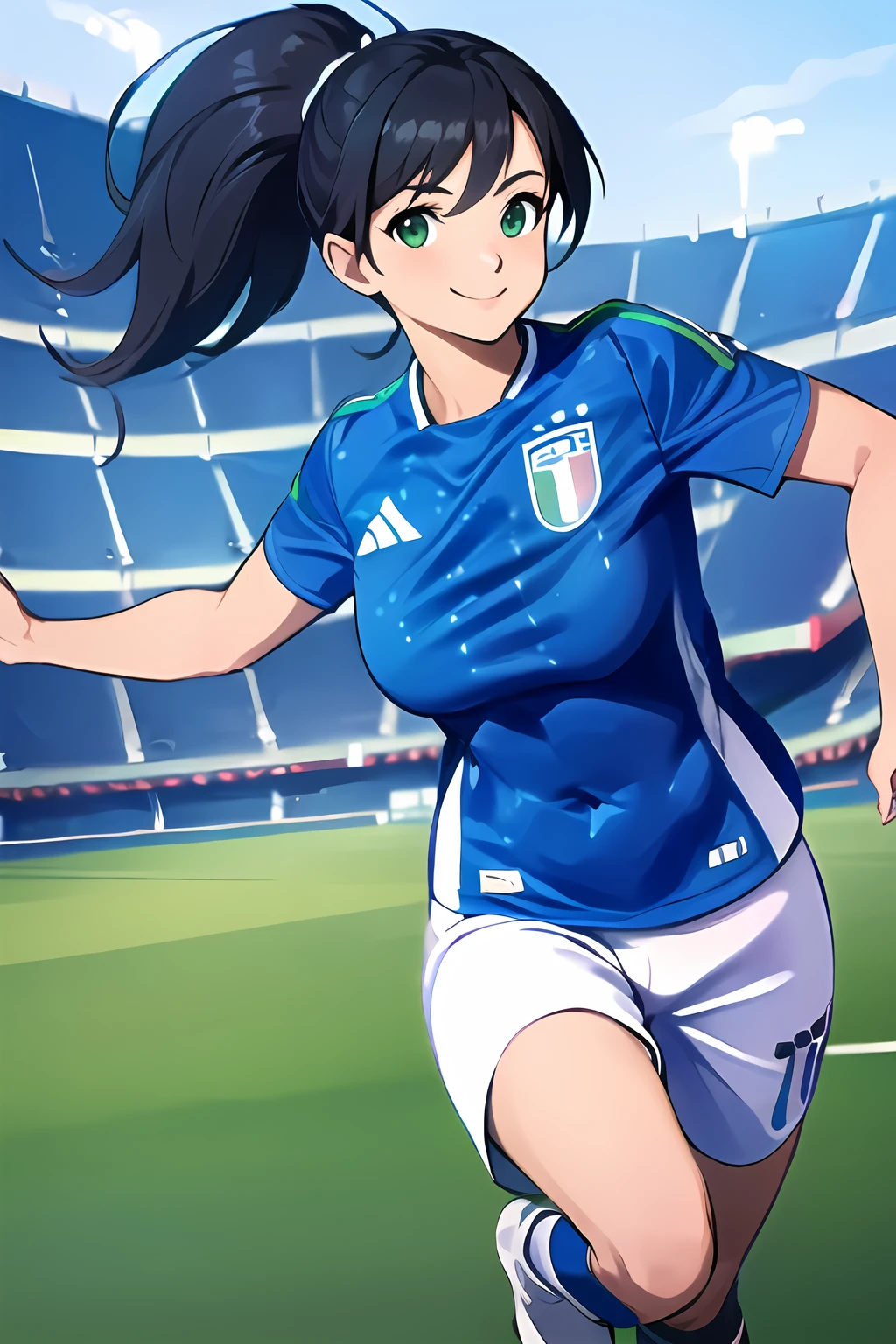 <lora:SC-Italia_Shirt_2024:1>, 1t4l14, soccer uniform, sportswear, crop top, navel, shorts, full body, 1girl, looking at viewer, black hair, ponytail, smile, soccer stadium, green field, thicc ass, massive breasts, running, underboob, (extremely detailed CG unity 8k wallpaper), (best quality), (ultra-detailed), (best illustration)