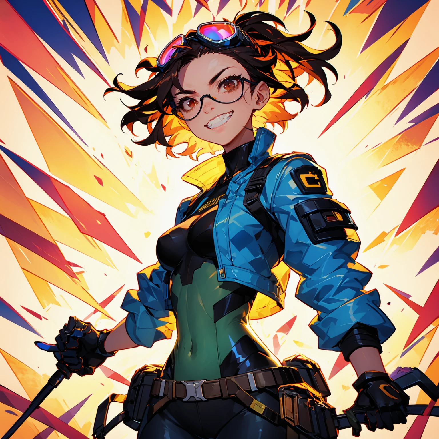 colorful, HEZI, Burst girl, gorgeous, detailed, 1girl, gloves, goggles, solo, smile, brown hair, glasses, brown gloves, jacket, looking at viewer, grin, brown eyes, short hair, goggles around neck, teeth, breasts, orange gloves, goggles on head, open clothes, explosion, small breasts, round eyewear, bodysuit, open jacket, debris, holding, wind, red eyes, backlighting, covered navel, floating hair, medium hair, cowboy shot, sunset, belt, pouch, long sleeves, standing, sun, shirt, black gloves, black bodysuit, parted lips, upper body, sunlight, grey jacket<lora:ç¸è£æå¥³å©-000009:0.75>,