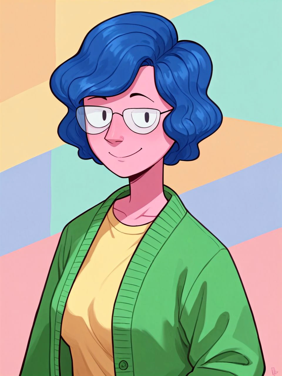 score_9, score_8_up, score_7_up, score_6_up, score_5_up, score_4_up, BREAK
color-skinned female, pink skin, dot eyes, black eyes, short hair, wavy perm, blue hair, semi-circular eyewear
yellow shirt, green cardigan
seated pose, (upper body:1.1), warm slight smile, closed mouth, looking at viewer, (arms to side:1.2)
(portrait studio, colorful abstract background, textured portrait backdrop:1.1)
<lora:mrsFunn13TV_PDXL:1.6> mrsFunn13TV